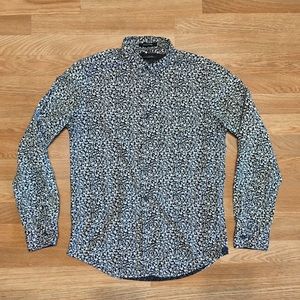 Men Black White Floral Button Dress Shirt